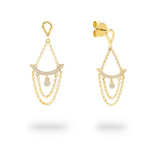 Yellow Gold Belcher Chain With Pave Set Diamond Arc Shape Drop Earrings