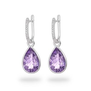 White Gold Pear Shaped Amethyst Drop Coloured Stone Earrings