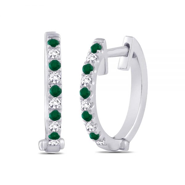 White Gold Diamond & Emerald Hoop Huggie Earrings