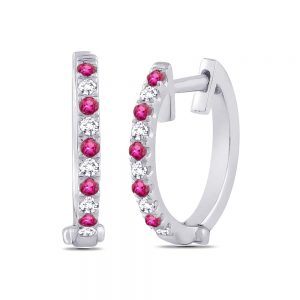 White Gold Diamond & Pink Sapphire Hoop Huggie Earrings