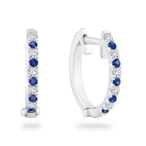 White Gold  Diamond & Blue Sapphire Hoop Huggie Earrings