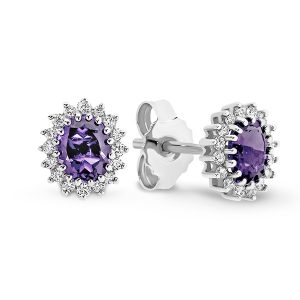 White Gold Stud Oval Amethyst Coloured Stone Earring Diamond Claw Set Frame