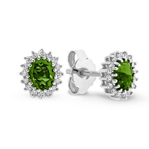 White Gold Stud Oval Peridot Coloured Stone Earring Diamond Claw Set Frame