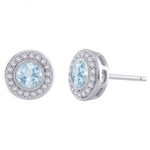 White Gold Stud Bezel Set Aquamarine Coloured Stone Pave Set Diamond Frame Earrings