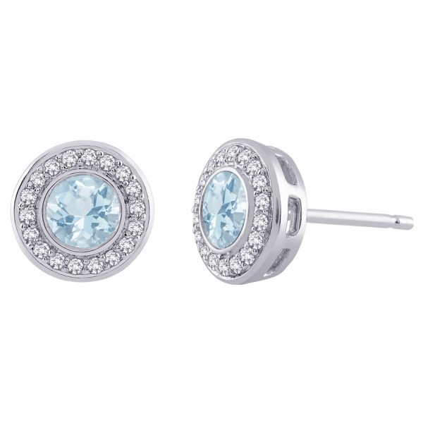 White Gold Stud Bezel Set Aquamarine Coloured Stone Pave Set Diamond Frame Earrings