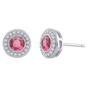 White Gold Stud Bezel Set Ruby Coloured Stone Pave Set Diamond Frame Earrings