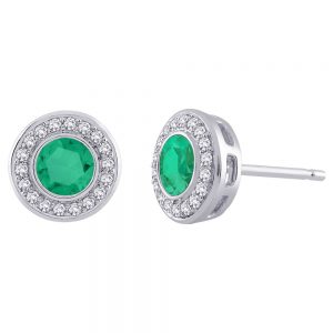 White Gold Stud Bezel Set Emerald Coloured Stone Pave Set Diamond Frame Earrings