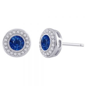White Gold Stud Bezel Set Sapphire Coloured Stone Pave Set Diamond Frame Earrings