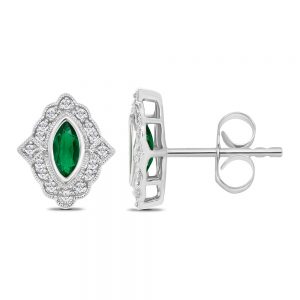 White Gold Stud Bezel Set Marquise Emerald Diamond Frame Earrings