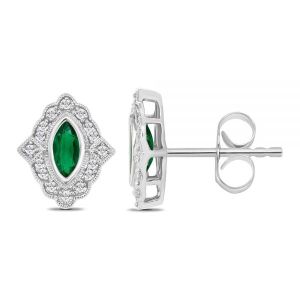 White Gold Stud Bezel Set Marquise Emerald Diamond Frame Earrings