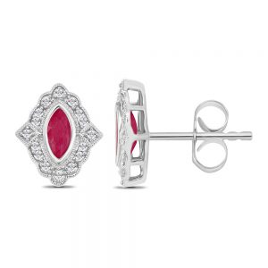 White Gold Stud Bezel Set Marquise Gem Diamond Frame Earrings