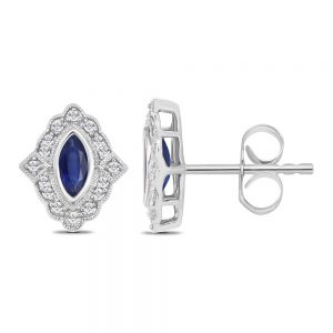 White Gold Stud Bezel Set Marquise Blue Sapphire Diamond Frame Earrings