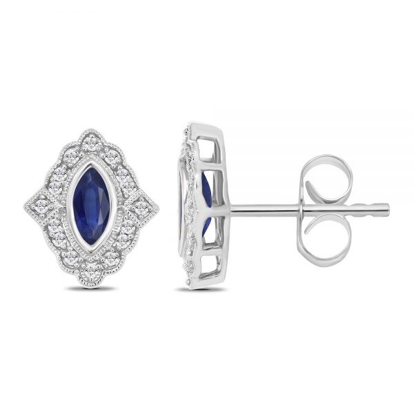 White Gold Stud Bezel Set Marquise Blue Sapphire Diamond Frame Earrings