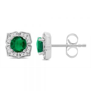 White Gold Stud Round Emerald Single Row Pave Set Diamond Frame Earrings
