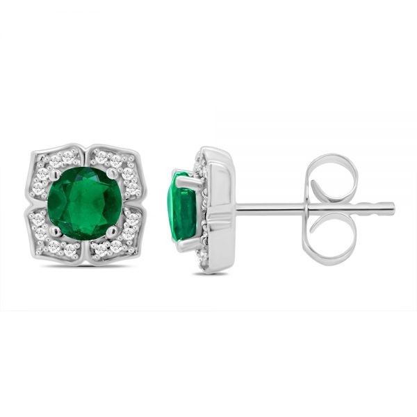 White Gold Stud Round Emerald Single Row Pave Set Diamond Frame Earrings