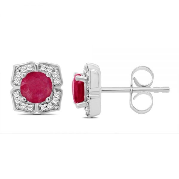 White Gold Stud Round Ruby Diamond Frame Earrings