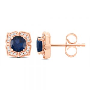 Rose Gold Stud Round Blue Sapphire Diamond Frame Earrings