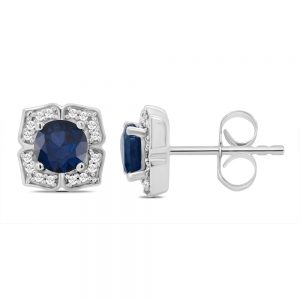 White Gold Stud Round Blue Sapphire Diamond Frame Earrings