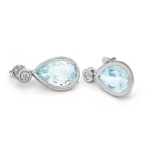White Gold Stud Bezel Diamond Pear Shape Aquamarine Drop Coloured Stone Earring