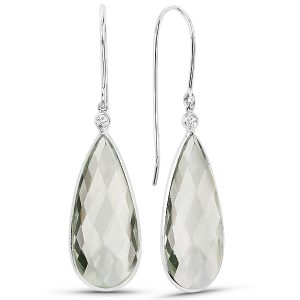 White Gold Tear Drop Briolette Green Amethyst Drop Earrings