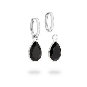 White Gold Oval Huggie With Pear Shaped Onyx Drop Earrings