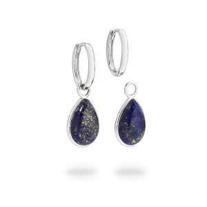 White Gold Oval Huggie With Pear Shaped Lapis Drop Earrings