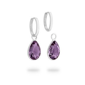 White Gold Oval Huggie With Pear Shaped Amethyst Drop Earrings