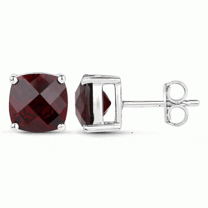 White Gold Checker Board Cushion Cut Garnet Earrings