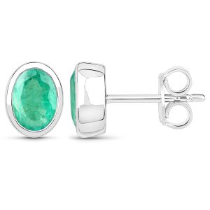 White Gold Oval Zambian Emerald Earrings