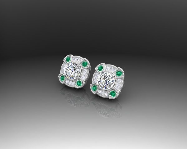 White Gold Stud Emerald and Diamonds Earrings