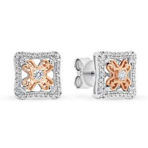 White Gold and Rose Gold Diamond Square Shaped Cluster Earrings