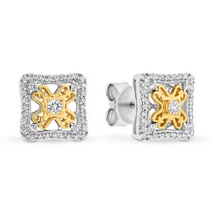 White and Yellow Gold Diamond Square Shaped Cluster Earrings