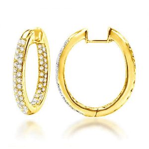 Yellow Gold 2 Row Pave Diamond Huggie Earrings
