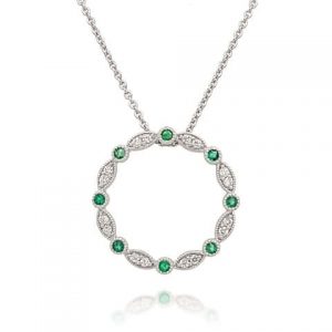 White Gold Diamond Emerald Circle Pendant Necklace