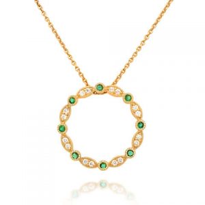 Yellow Gold Diamond Emerald Circle Pendant Necklace