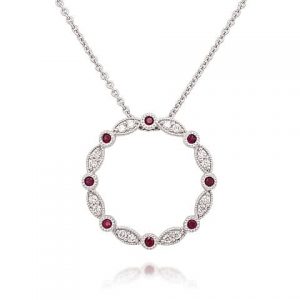 White Gold Diamond Ruby Circle Pendant Necklace