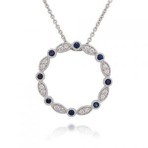 White Gold Diamond Sapphire Circle Pendant Necklace