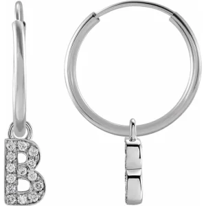 White Gold Diamond Initial B Hoop Earring