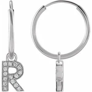 White Gold Diamond Initial R Hoop Earring