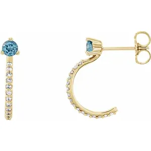Yellow Gold Aquamarine & Diamond J-Hoop Earrings