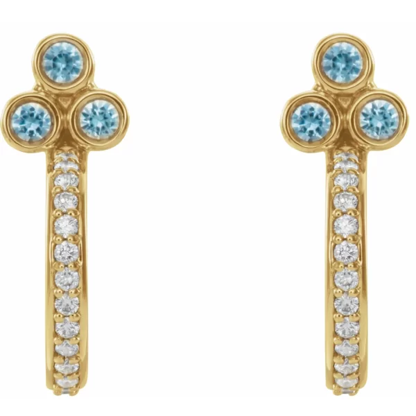 Yellow Gold Blue Zircon &  Diamond J-Hoop Earrings - Image 2