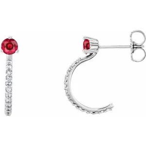 Sterling Silver Ruby & Diamond J-Hoop Earrings