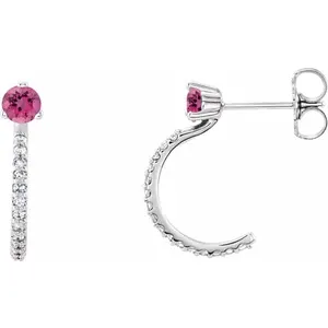 White Gold Pink Tourmaline & Diamond J-Hoop Earrings