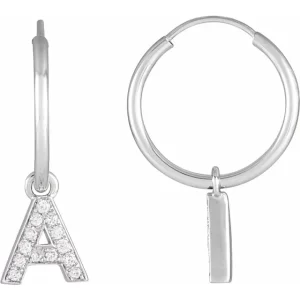 White Gold Diamond Initial A Hoop Earring