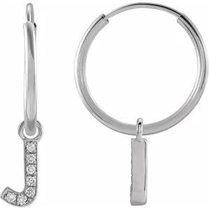 White Gold Diamond Single Initial J Hoop Earring