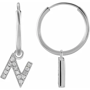 White Gold Diamond Single Initial N Hoop Earring