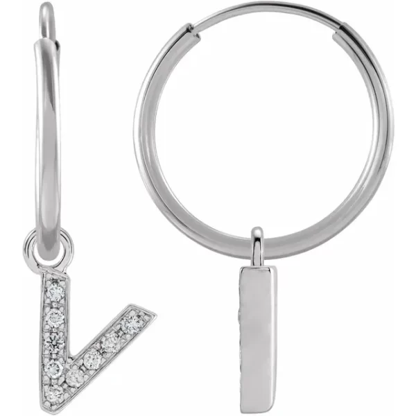 White Gold Diamond Single Initial V Hoop Earring