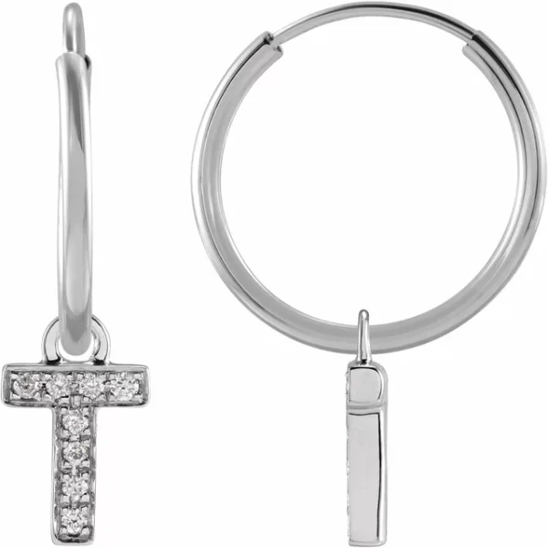 White Gold Diamond Single Initial T Hoop Earring