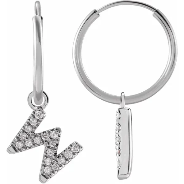 White Gold Diamond Single Initial W Hoop Earring