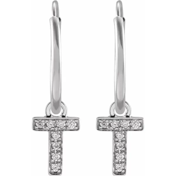 White Gold Diamond Single Initial T Hoop Earring - Image 2